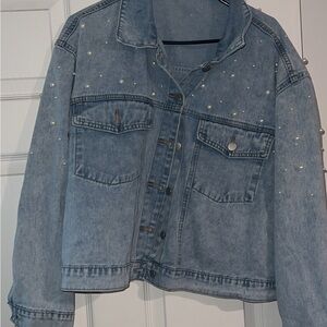 SHEIN Light Blue Pearl-Studded Jean Jacket
